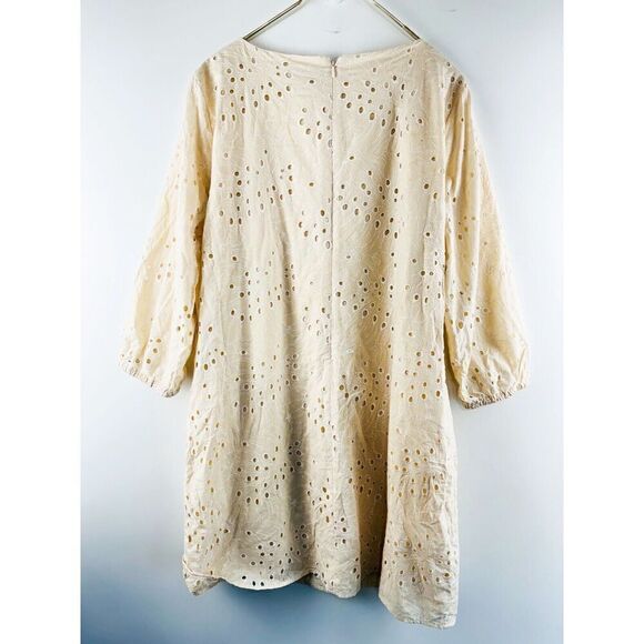Preston & York Size 16 Beige Tan 3/4 Sleeve Eyelet Sheath Dress Embroidered - Picture 3 of 6